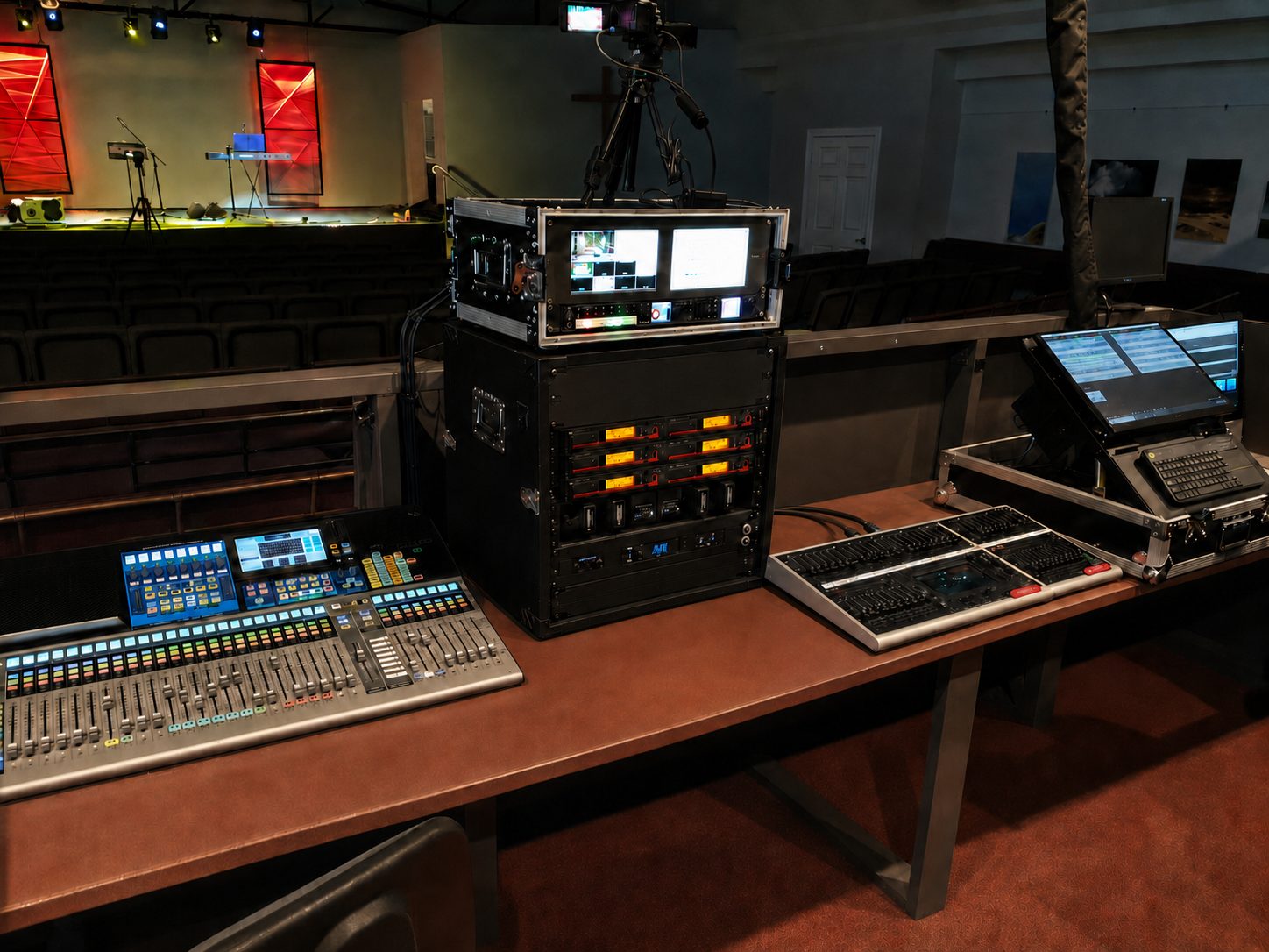 ABP Audiovisual front-of-house mixing and vision desk at a live event